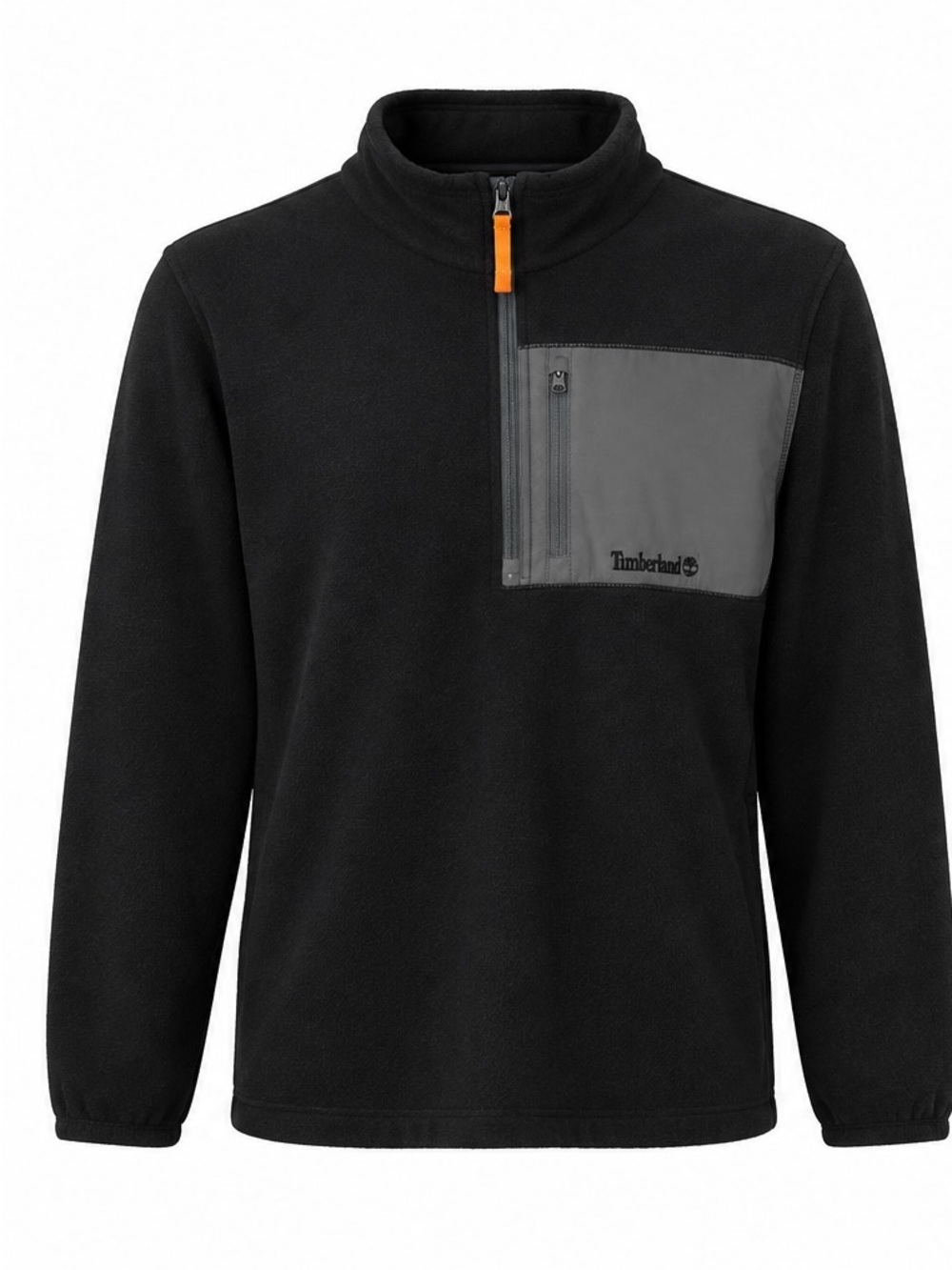 Timberland Black Half-Zip Fleece with Gray Chest Pocket and Orange Pull